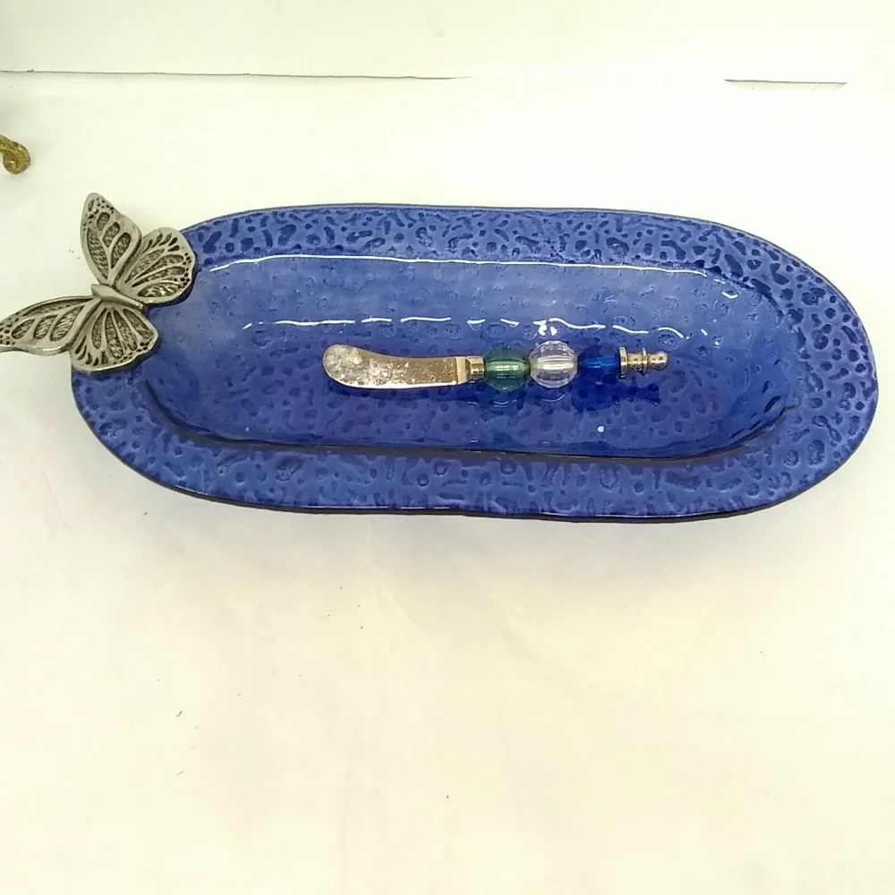 CYPRESS Server Cobalt Blue Glass Oval Platter  with Gemstone Spreader